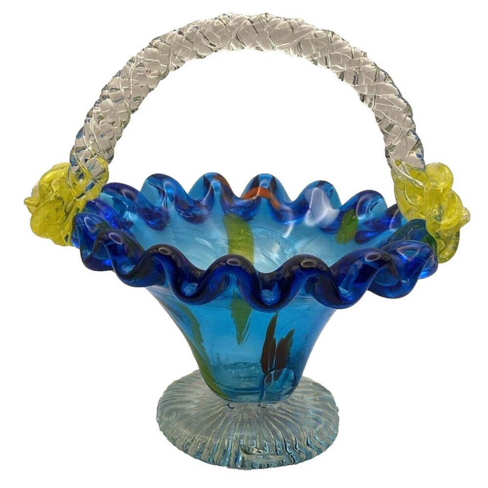 Hand Blown Art Glass Ribbed Basket Candy Dish Twisted Handle